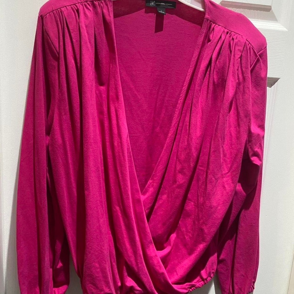 INC International Concepts Hot pink long sleeve blouse with ruched detail large